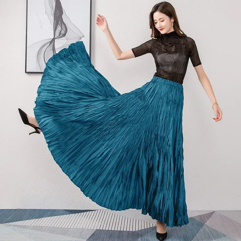 Elegant Pleated Ankle Length Skirt with Elastic Waist - One Size