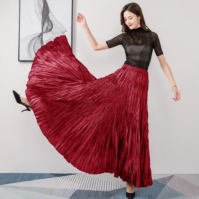 Elegant Pleated Ankle Length Skirt with Elastic Waist - One Size