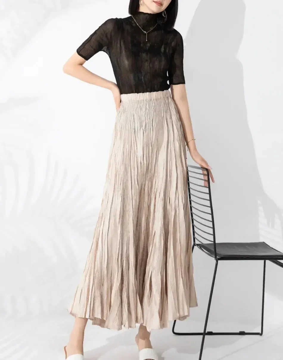 Elegant Pleated Ankle Length Skirt with Elastic Waist - One Size