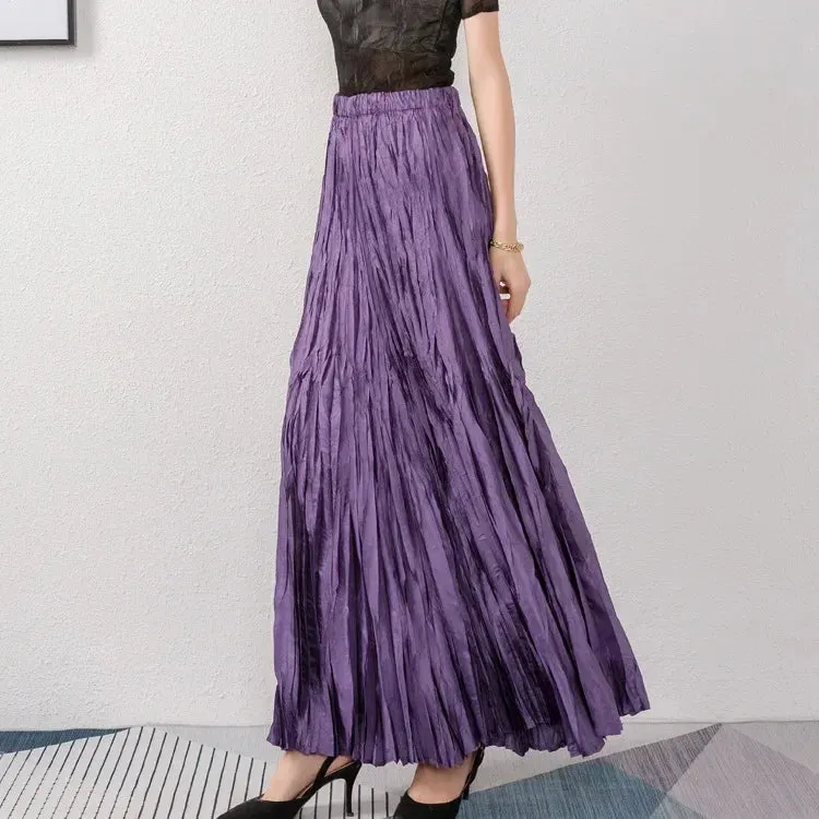 Elegant Pleated Ankle Length Skirt with Elastic Waist - One Size