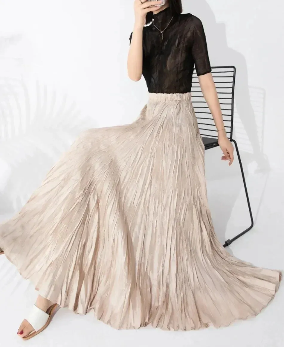 Elegant Pleated Ankle Length Skirt with Elastic Waist - One Size