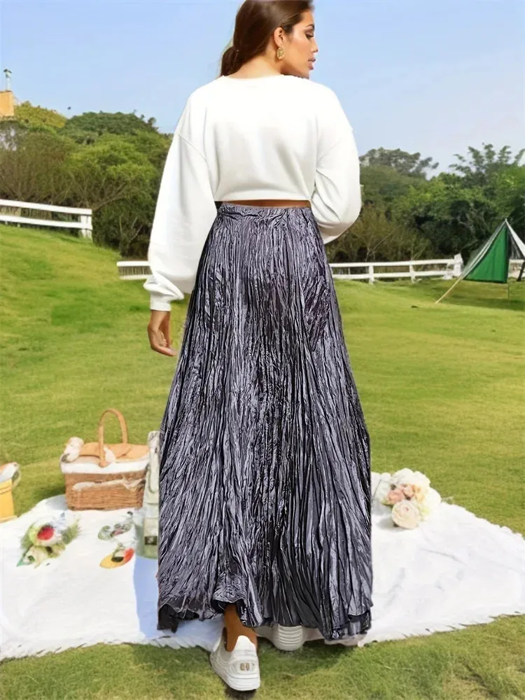 Elegant Pleated Ankle Length Skirt with Elastic Waist - One Size