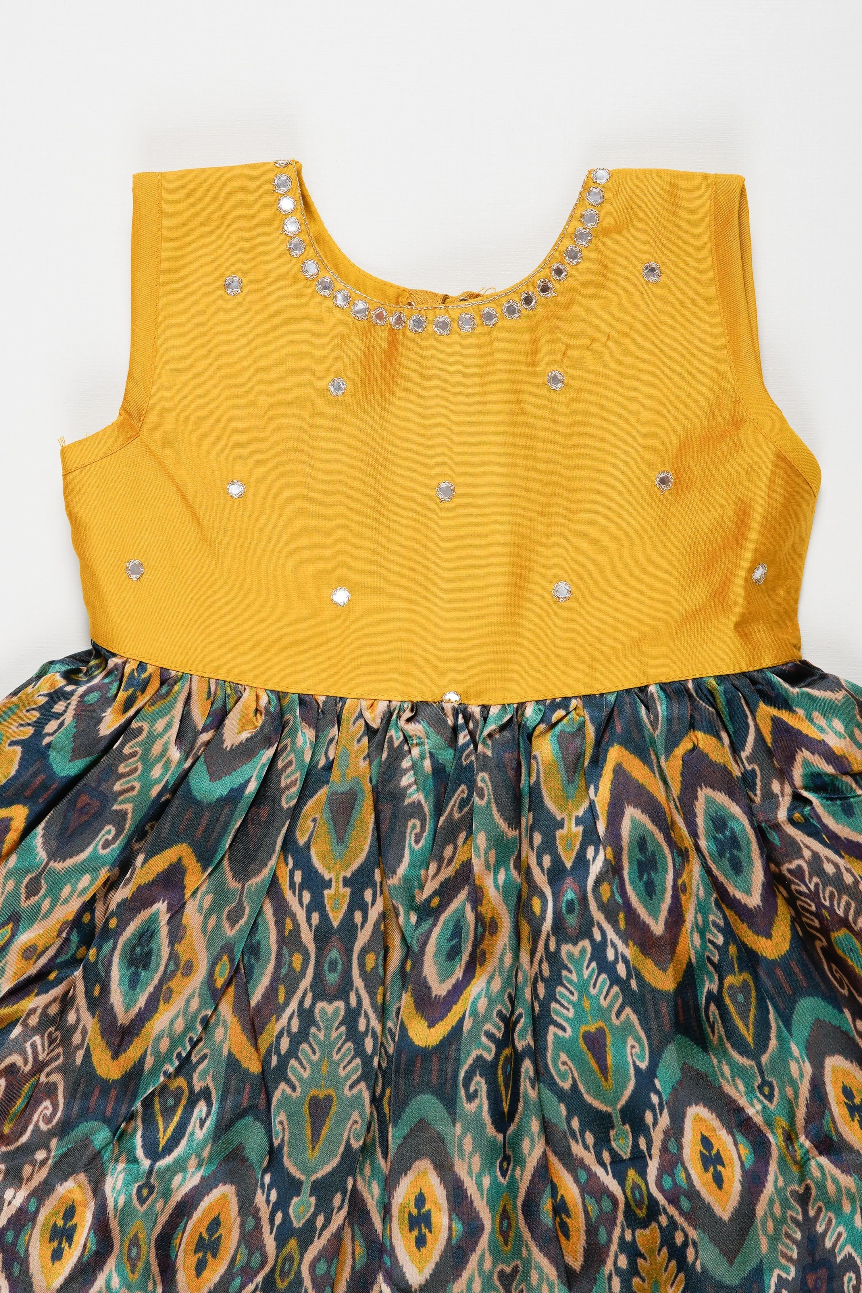 Elegant Yellow and Teal Chanderi Cotton Frock for Girls