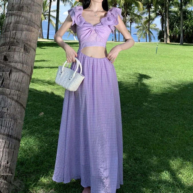 Exposed Waist V-Neck Seaside Holiday Purple Dress