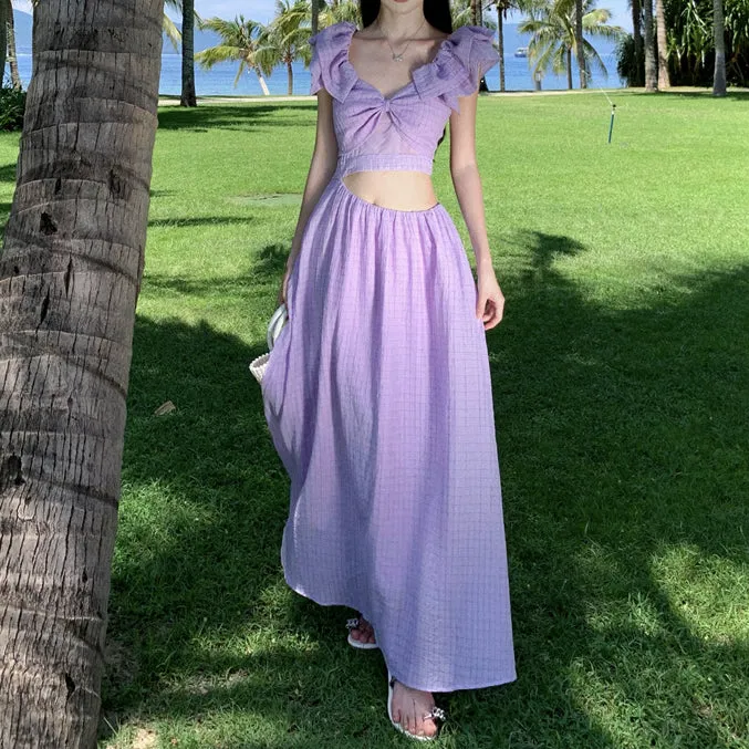 Exposed Waist V-Neck Seaside Holiday Purple Dress