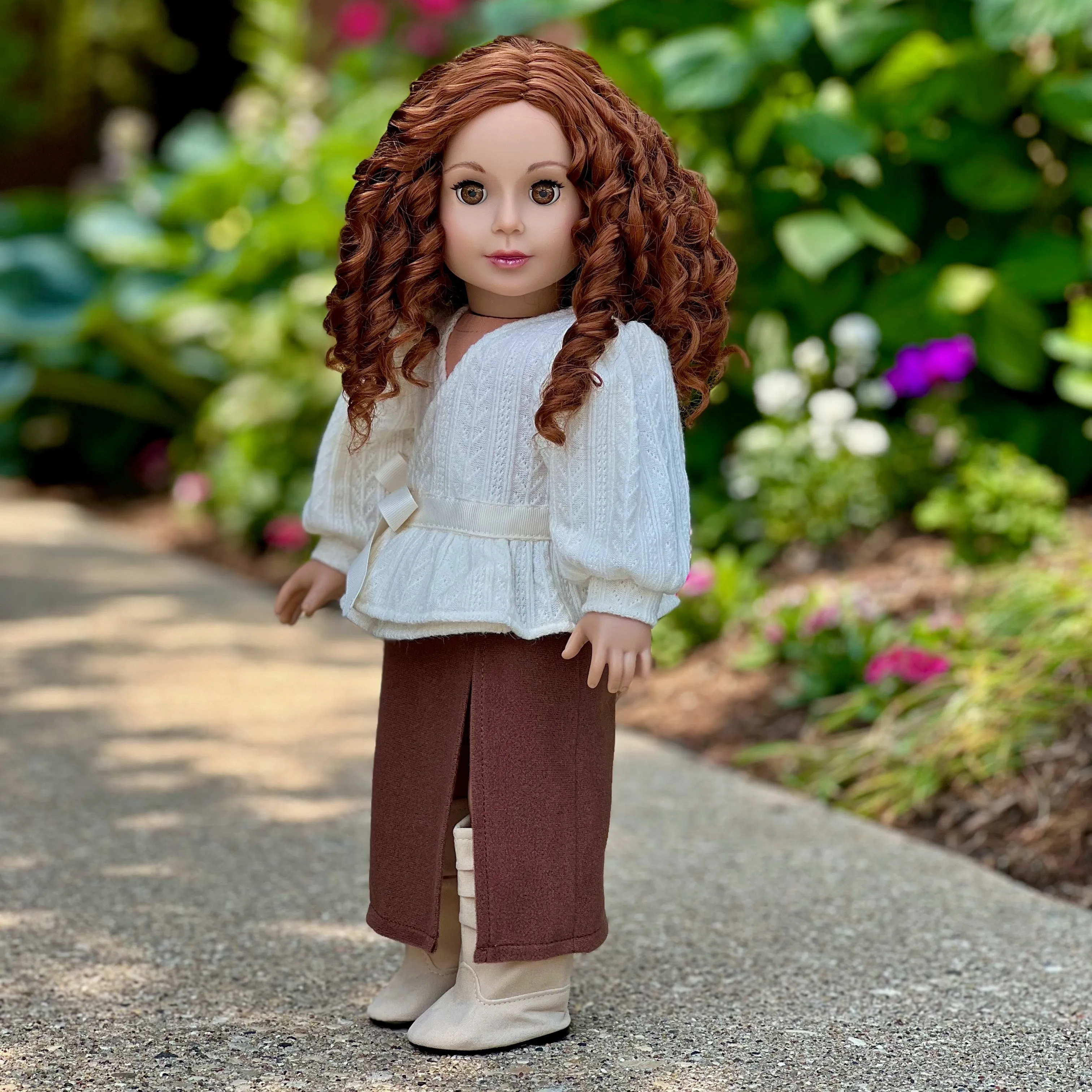 Fashion Fusion - 3 Piece Outfit for 18 inch Doll - Ivory Blouse, Brown Skirt and Ivory Boots - 18 inch Doll Clothes ( Doll Not Included)