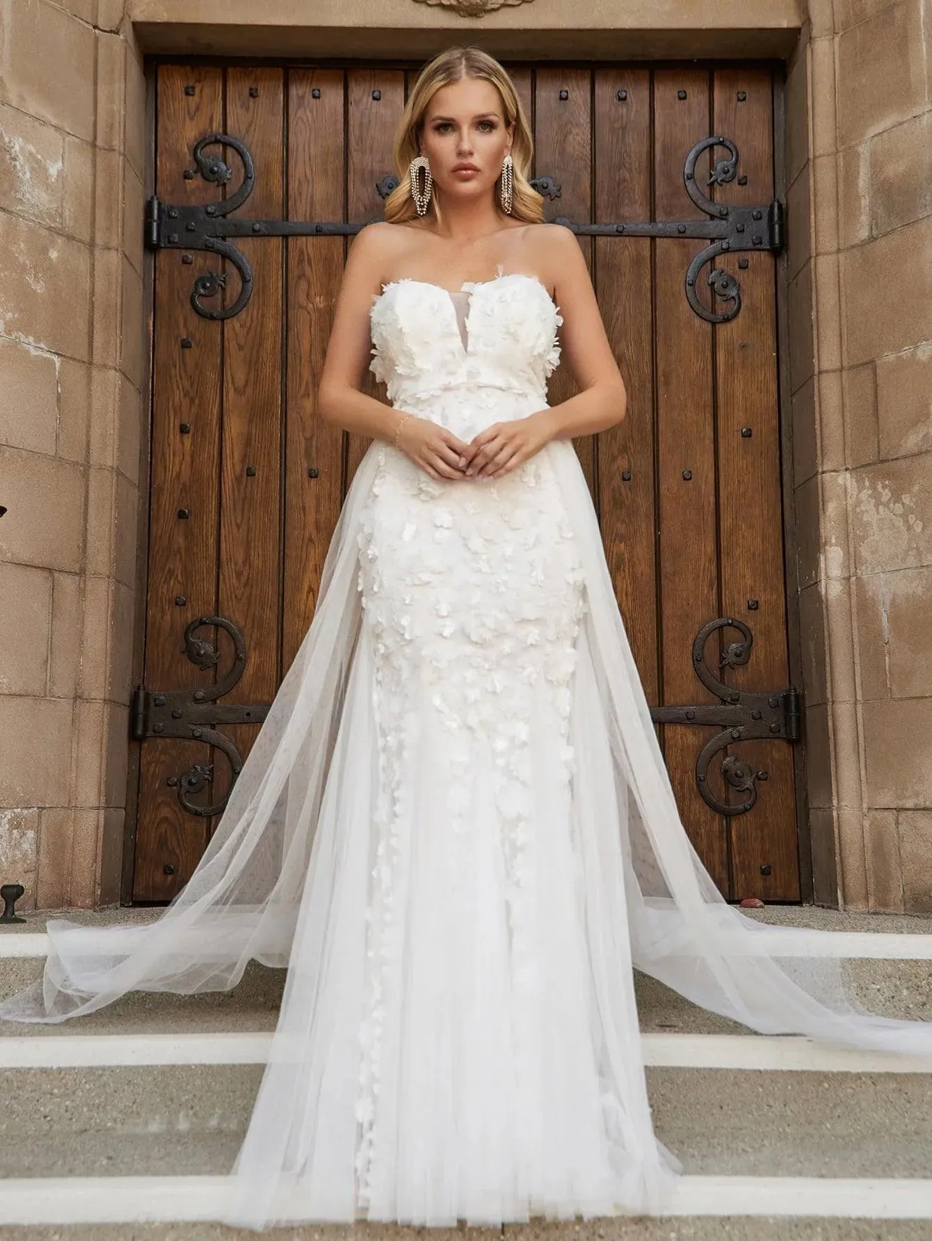 Floral Applique Mesh Insert Mermaid Hem Tube Wedding Dress