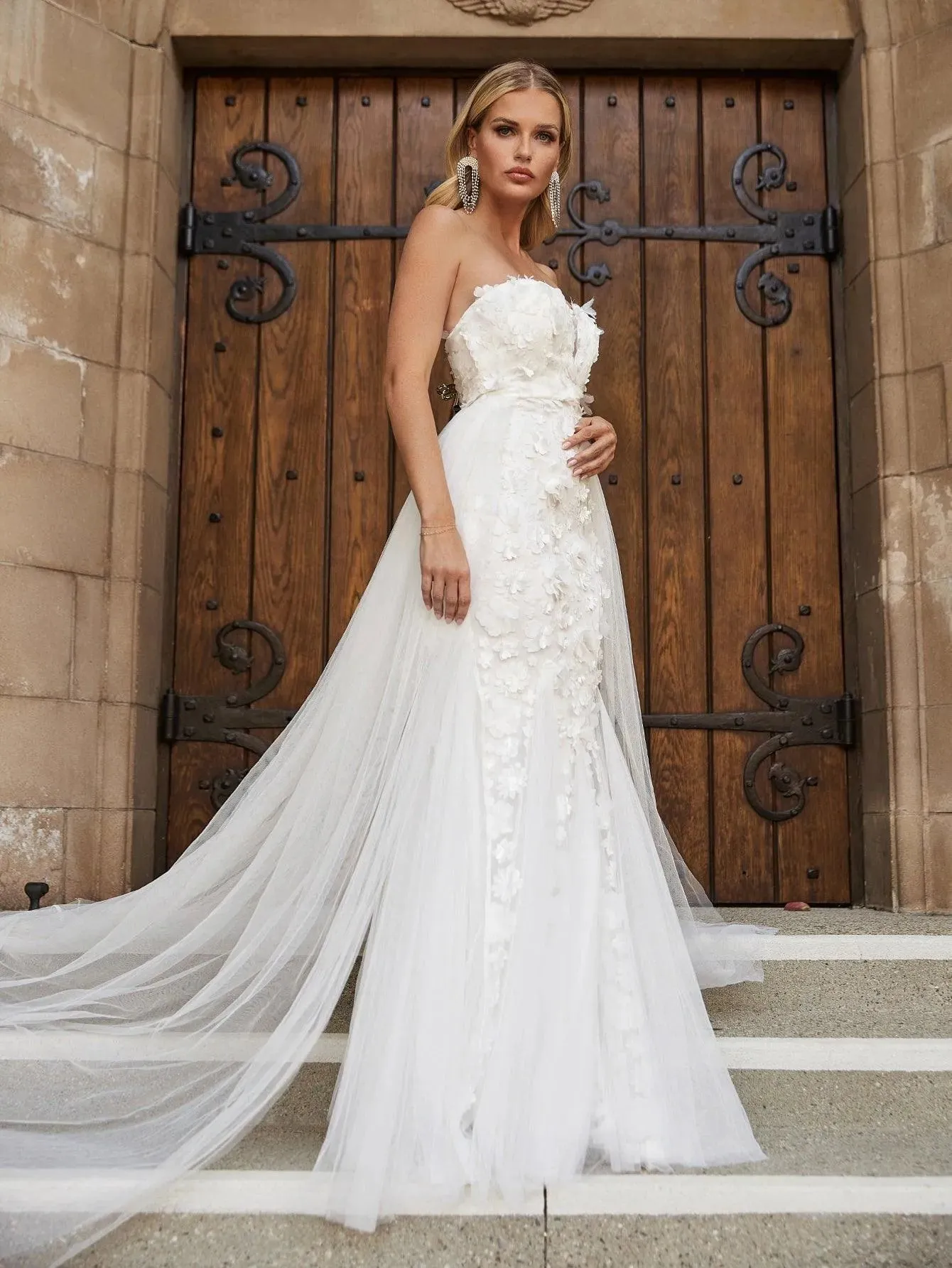 Floral Applique Mesh Insert Mermaid Hem Tube Wedding Dress