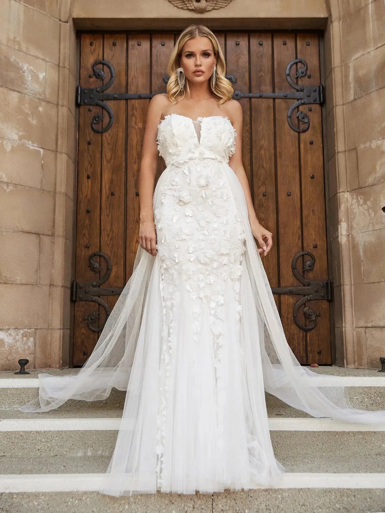 Floral Applique Mesh Insert Mermaid Hem Tube Wedding Dress