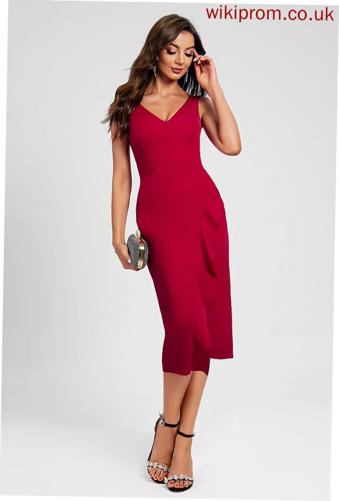 Gemma Split Ruffle With V-neck Knee-Length Bodycon Cocktail Dress Stretch Front Crepe Club Dresses