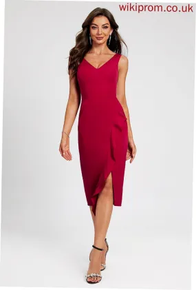 Gemma Split Ruffle With V-neck Knee-Length Bodycon Cocktail Dress Stretch Front Crepe Club Dresses