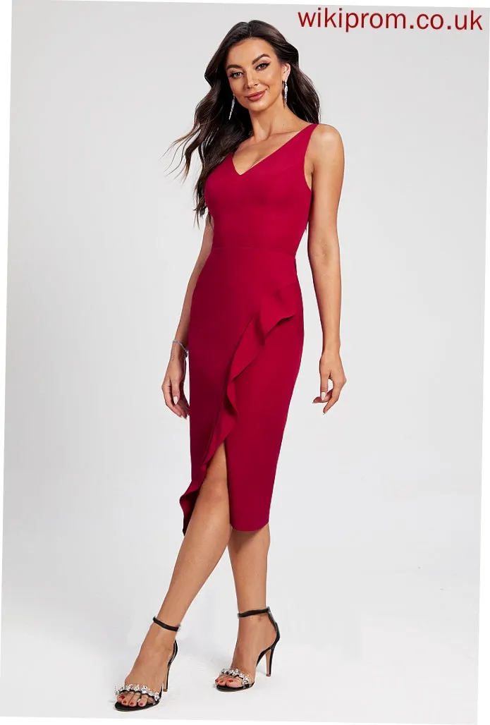 Gemma Split Ruffle With V-neck Knee-Length Bodycon Cocktail Dress Stretch Front Crepe Club Dresses