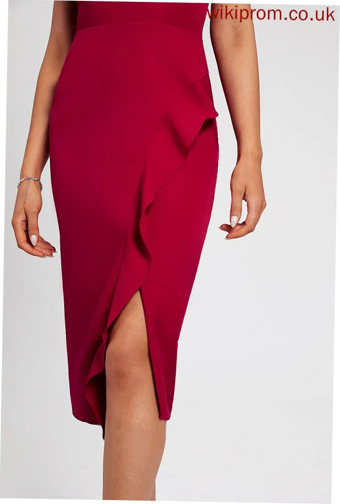 Gemma Split Ruffle With V-neck Knee-Length Bodycon Cocktail Dress Stretch Front Crepe Club Dresses