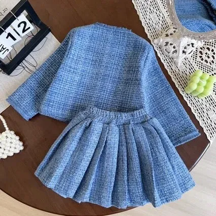 Girls Blue Tweed Jacket And Pleated Skirt 2 Pcs Set