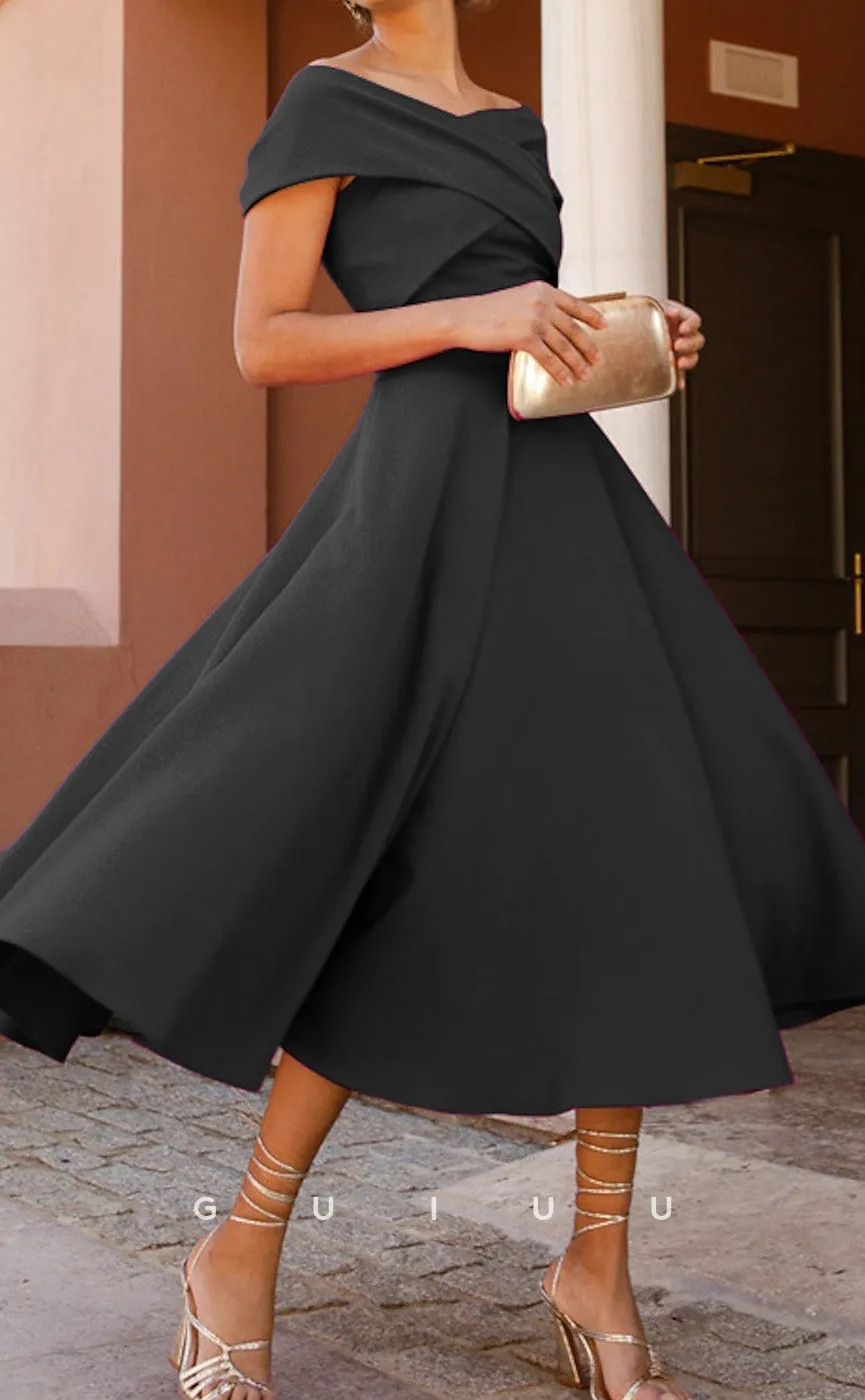 GM220 - A-Line Off Shoulder Short Sleeves Pleated Tea Length Cocktail Dress Wedding Guest Dress