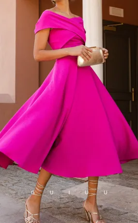 GM220 - A-Line Off Shoulder Short Sleeves Pleated Tea Length Cocktail Dress Wedding Guest Dress