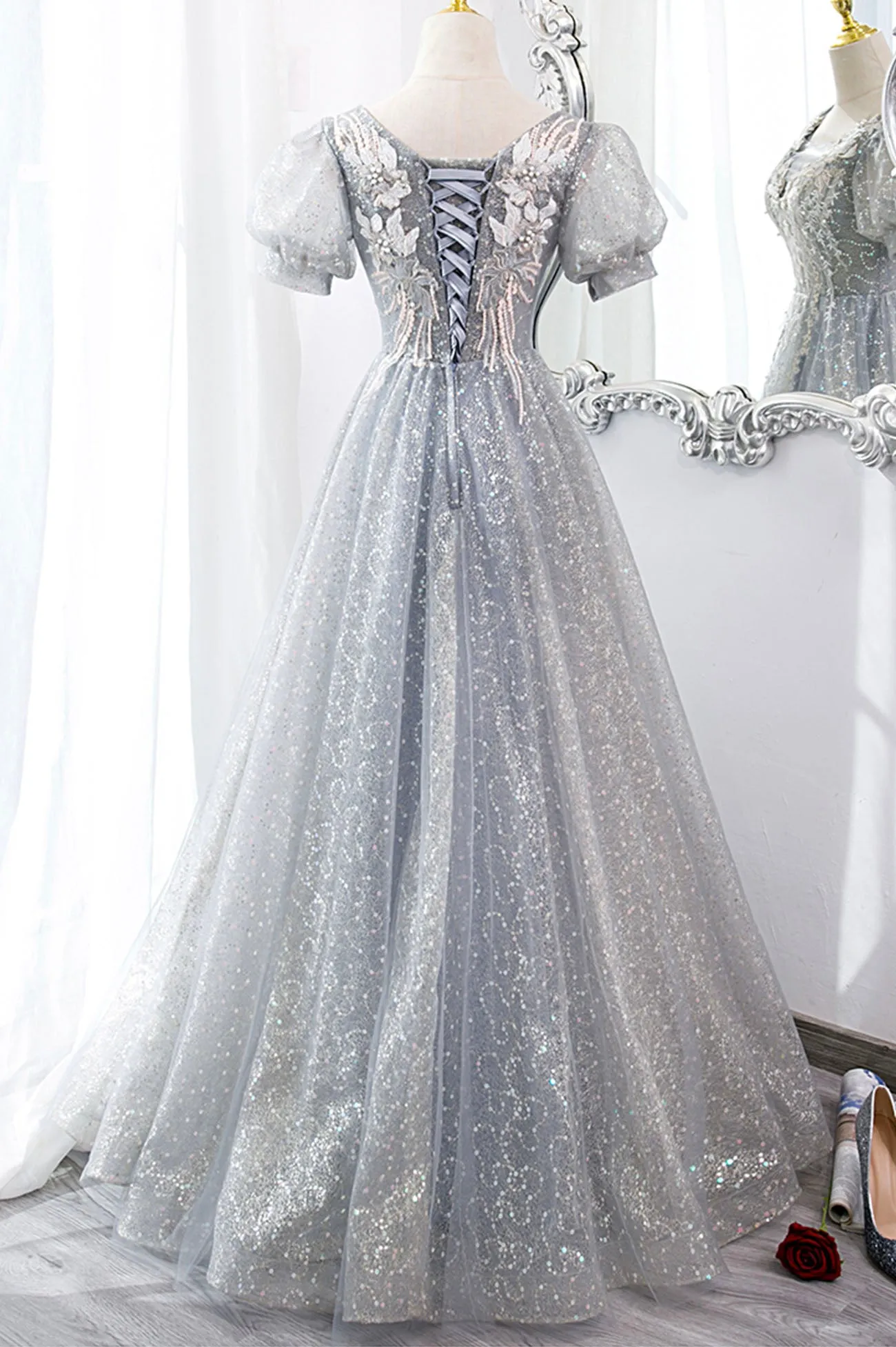 Gray Tulle Lace Long Party Dress, A-Line Evening Dress