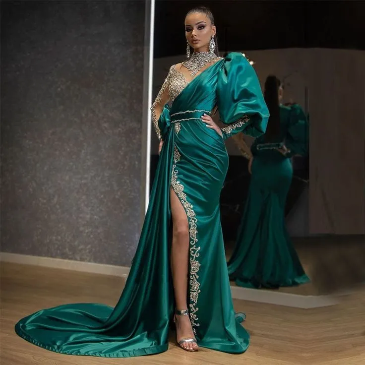 Green Beaded Long Prom Dress      fg1865