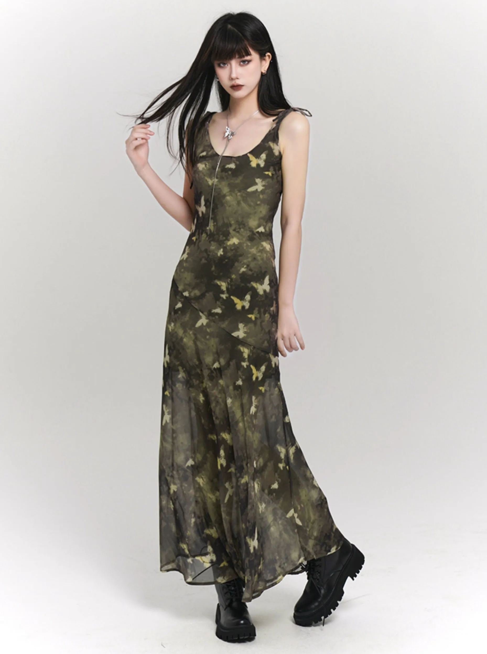 Green Butterfly Chinese Slip Dress