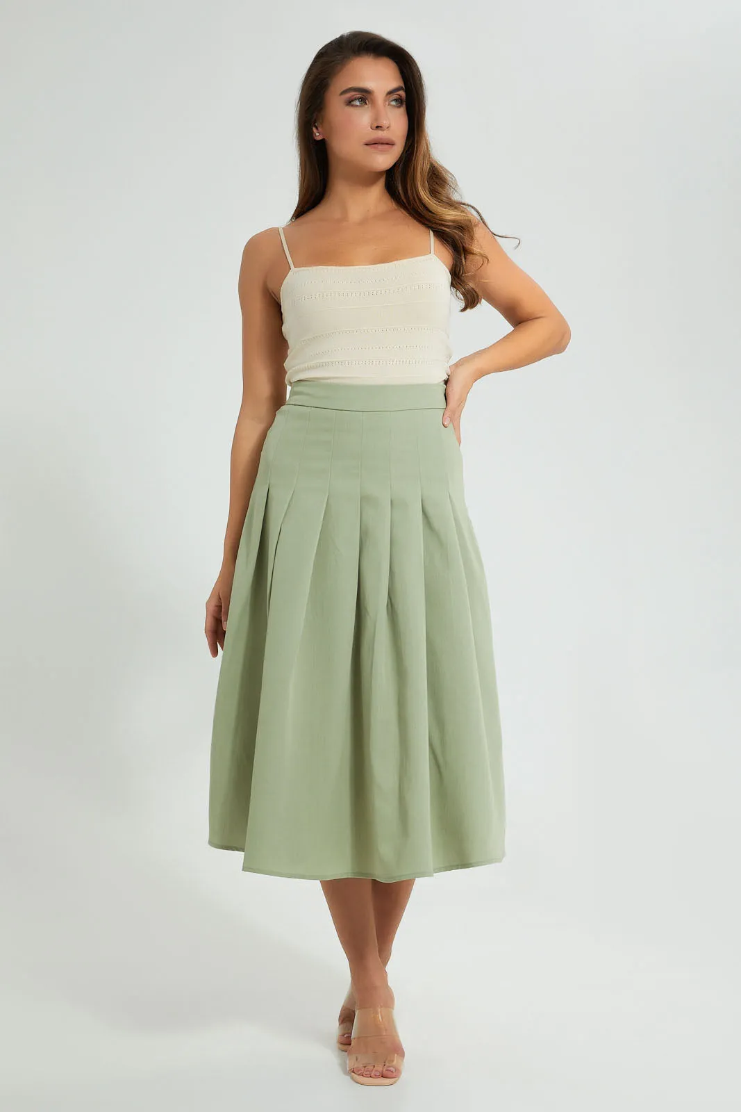 Green Flared Pleated Skirt