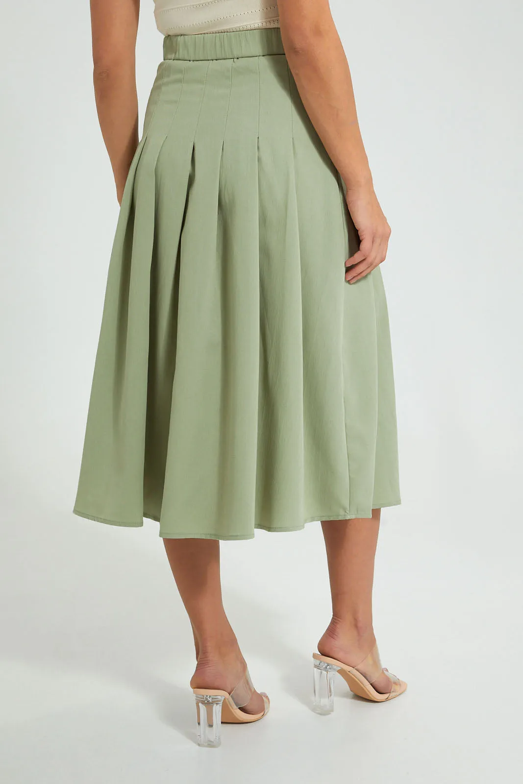 Green Flared Pleated Skirt