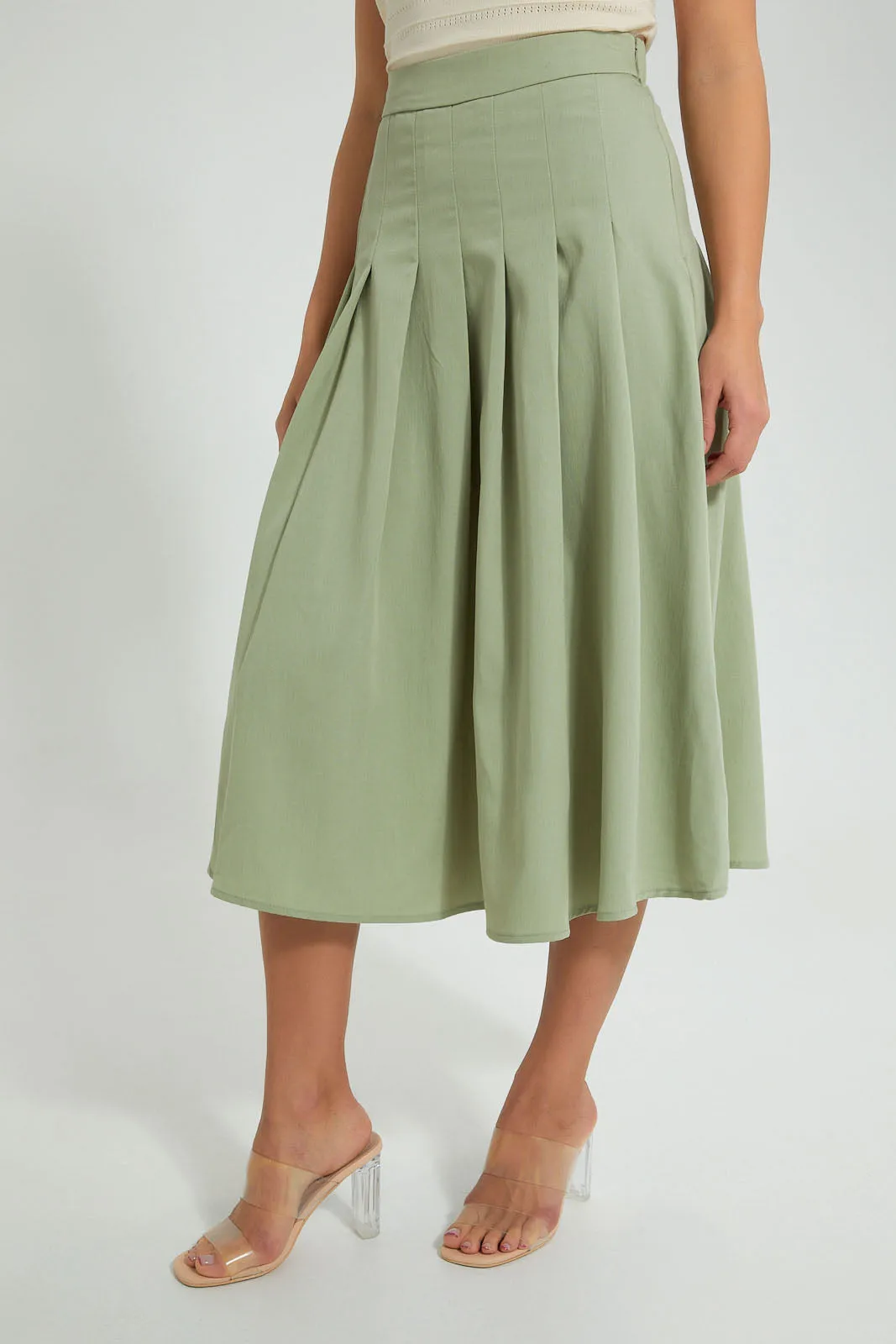 Green Flared Pleated Skirt