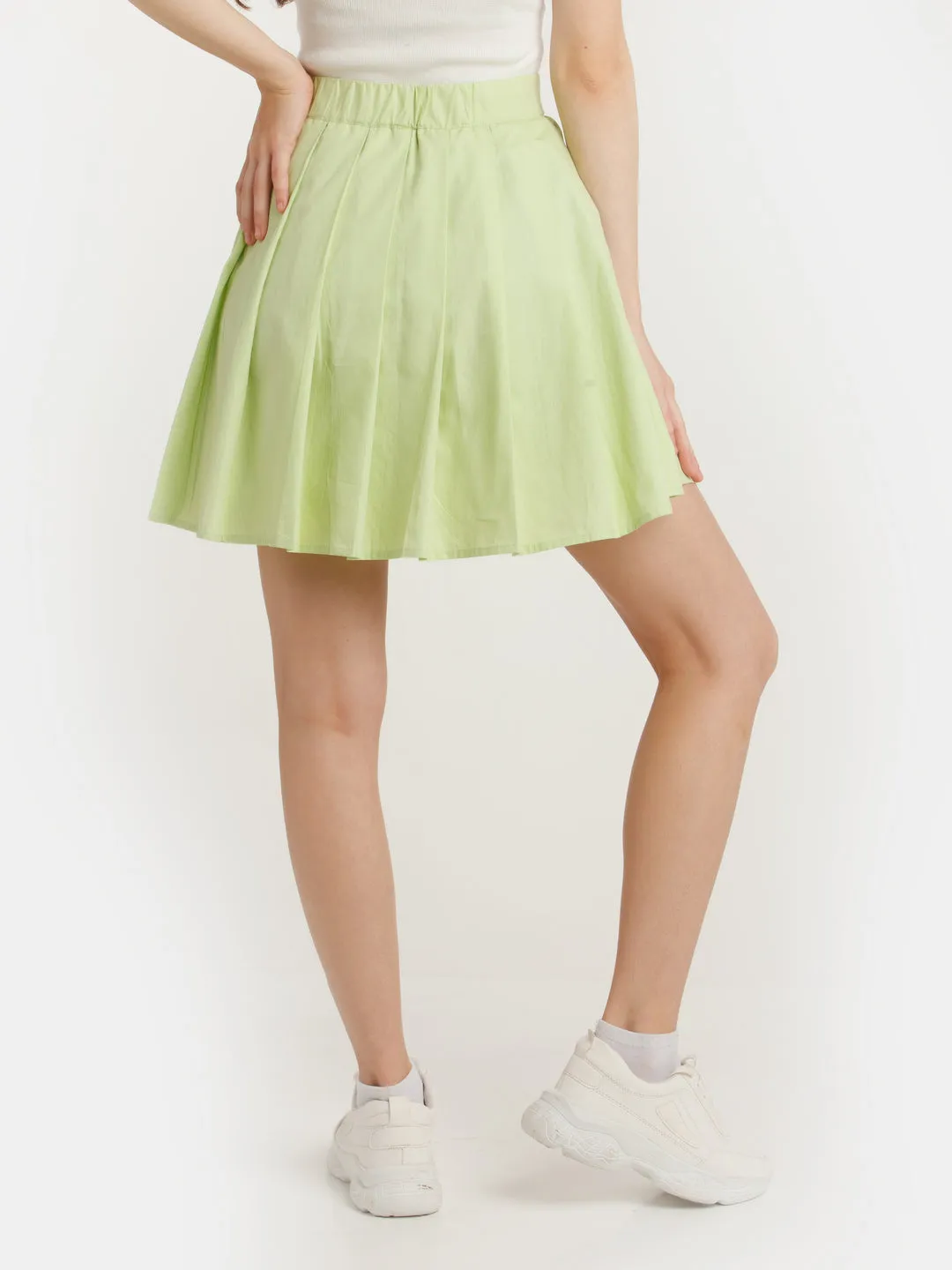 Green Solid Pleated Skirt