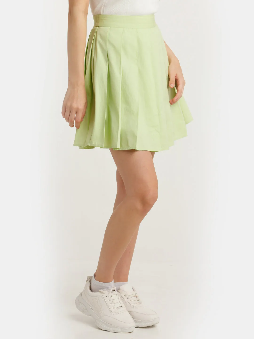 Green Solid Pleated Skirt