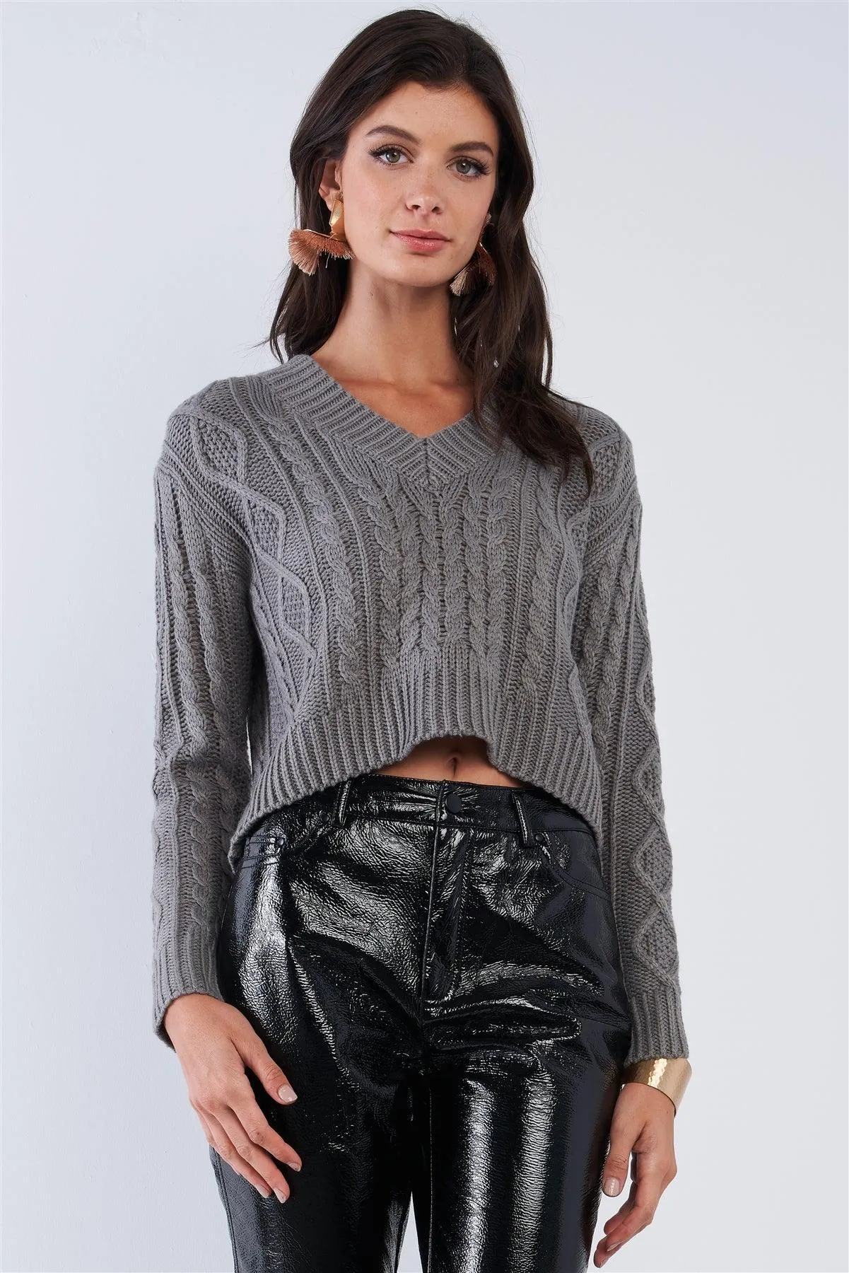 Grey Long Sleeve V-Neck Knit Self-Tie Open Back Cropped Sweater /2-2-2