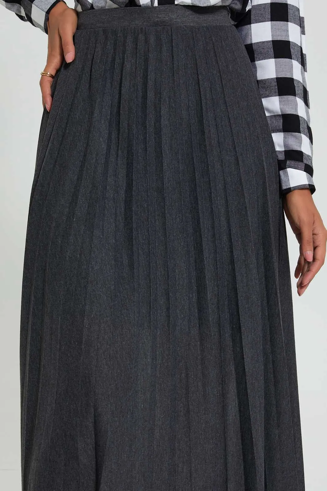 Grey Pleated Midi Skirt