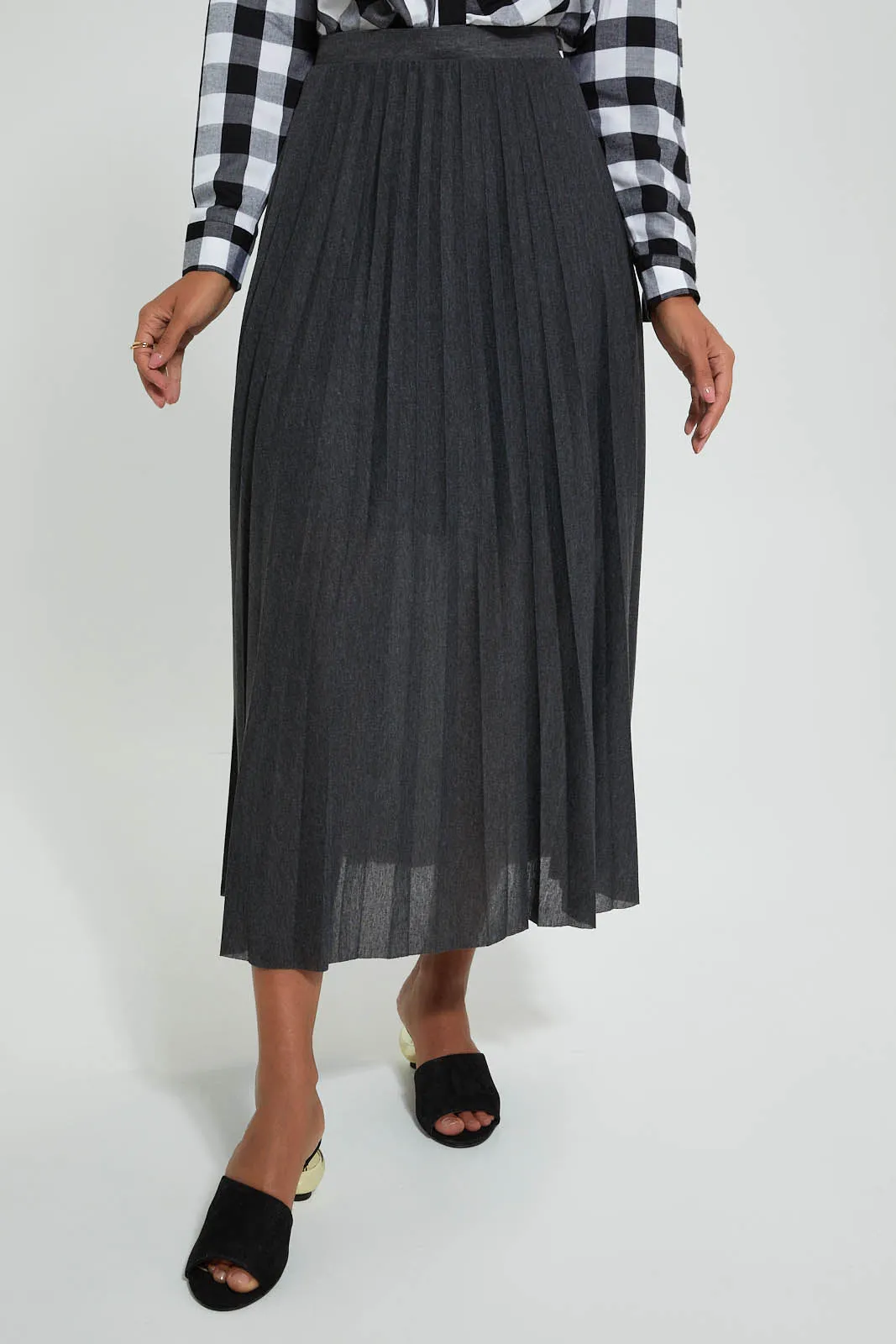 Grey Pleated Midi Skirt