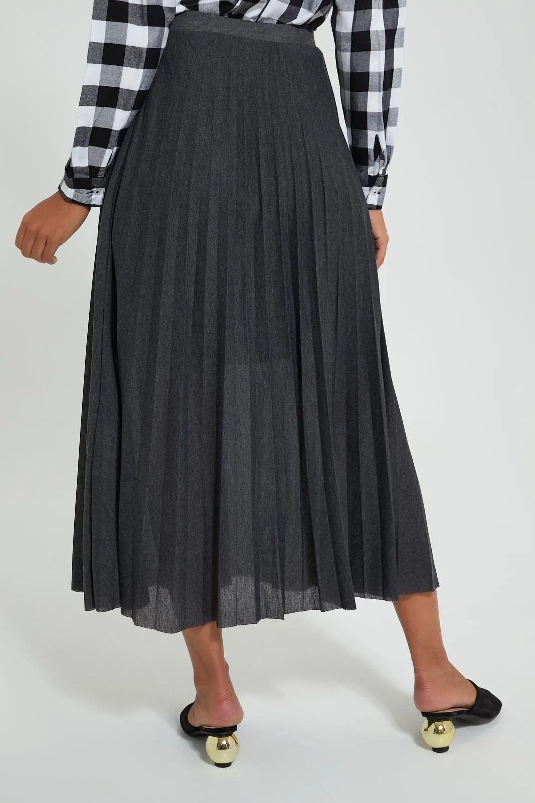 Grey Pleated Midi Skirt