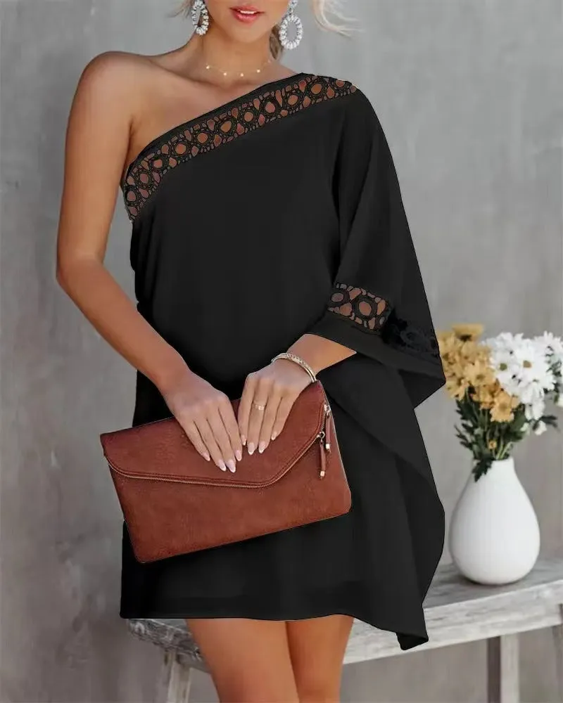 Half Off-shoulder Lace Trim Solid Color Dress