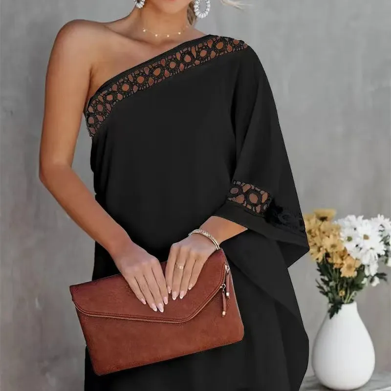 Half Off-shoulder Lace Trim Solid Color Dress