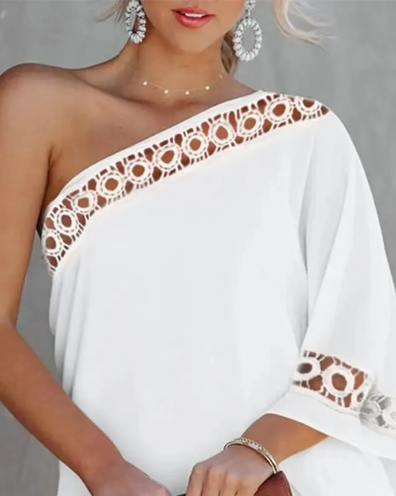 Half Off-shoulder Lace Trim Solid Color Dress