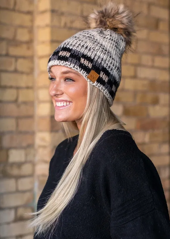 Heather Grey/Tan Buffalo Plaid Pom Beanie