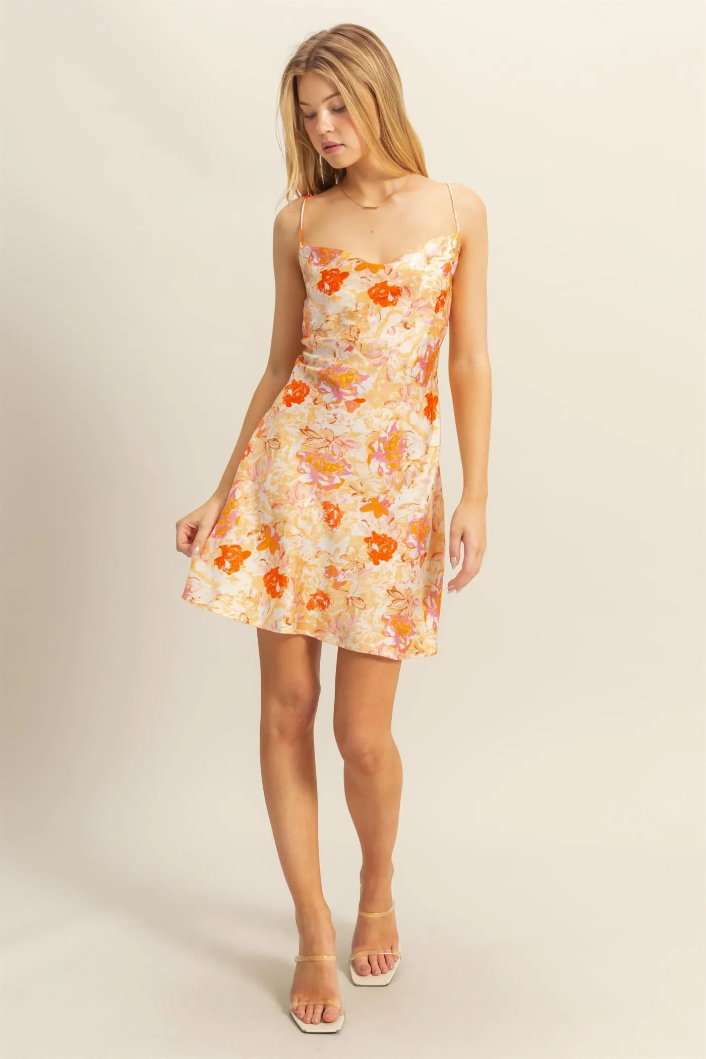 HF25A194-Floral Cowl Neck Flirty Satin Mini Dress