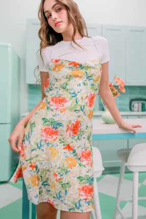 HF25A194-Floral Cowl Neck Flirty Satin Mini Dress