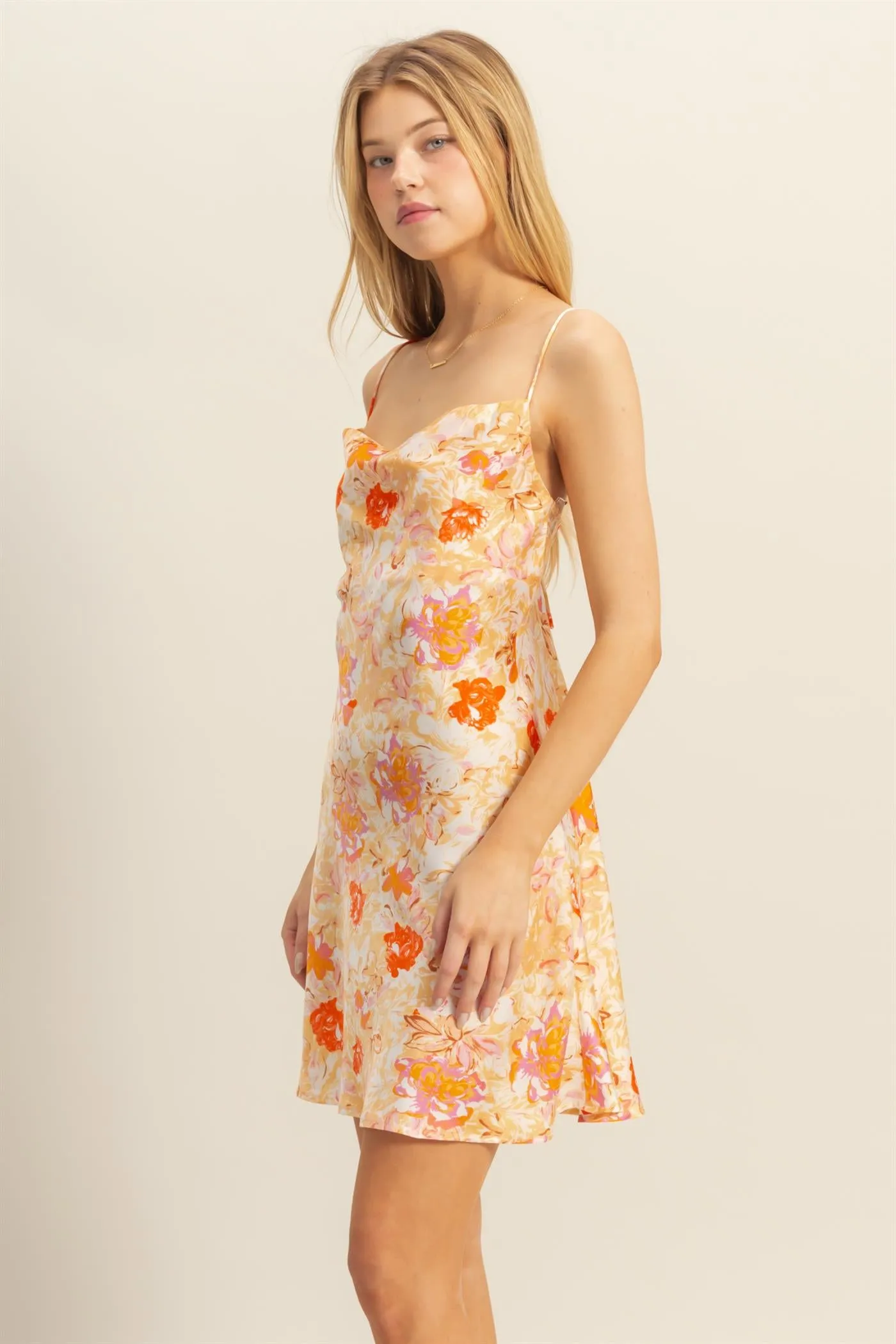 HF25A194-Floral Cowl Neck Flirty Satin Mini Dress