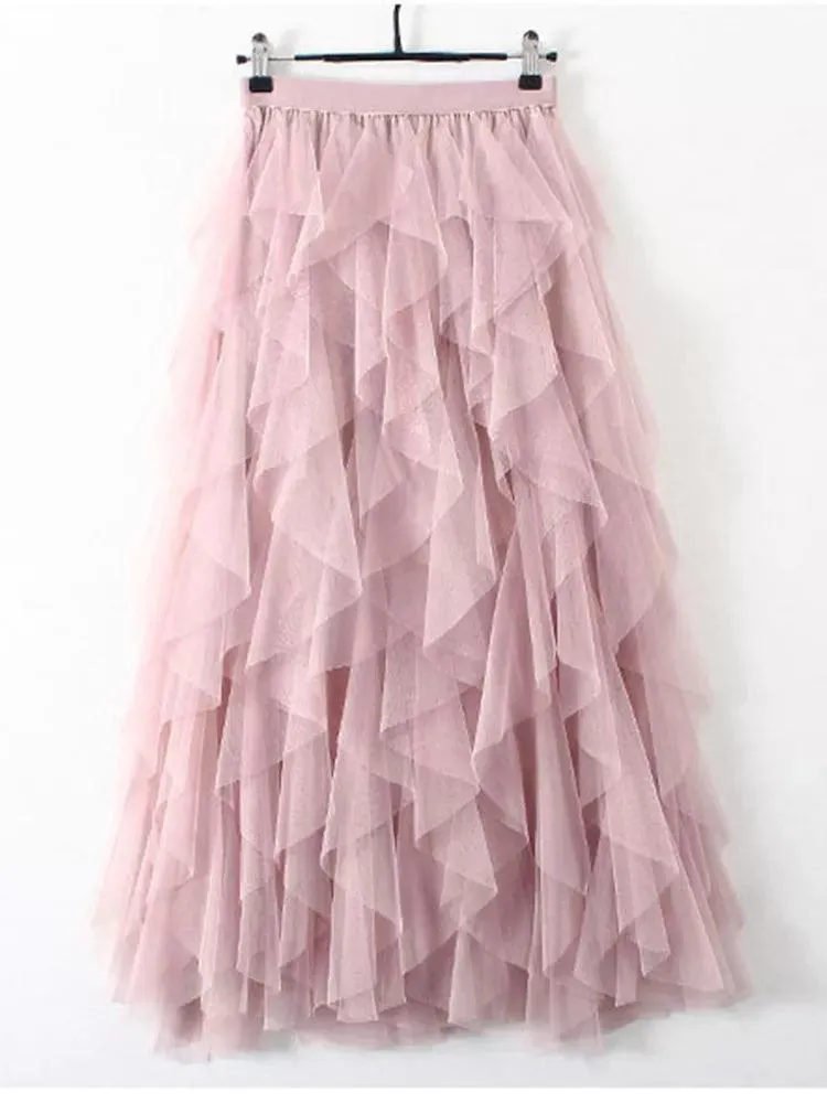 High Waist Pleated Mesh Skirt