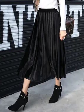 High Waist Pleated Velvet Midi Skirts