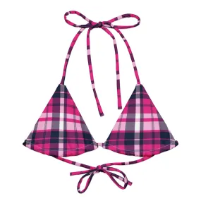 Hot Pink and Navy Blue Preppy Surfer Girl Plaid String Bikini Top