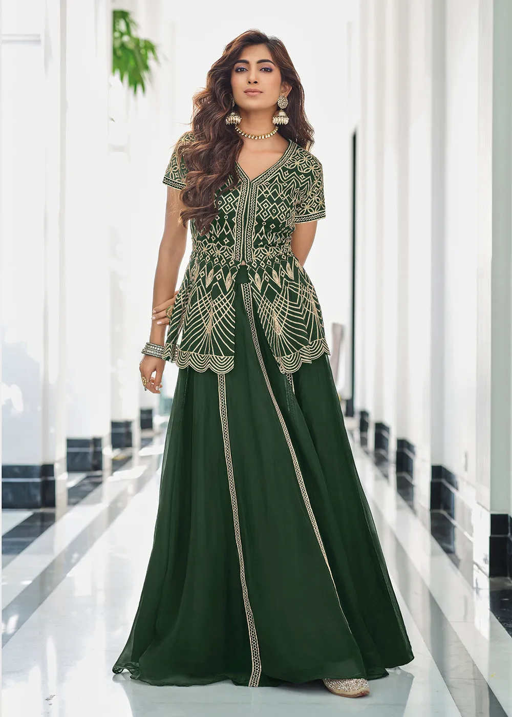 Indo Western Green Georgette Festive Party Lehenga Skirt Suit