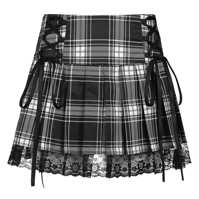 INS Contrast pleated skirt with lace edge and tied plaid skirt BY90051