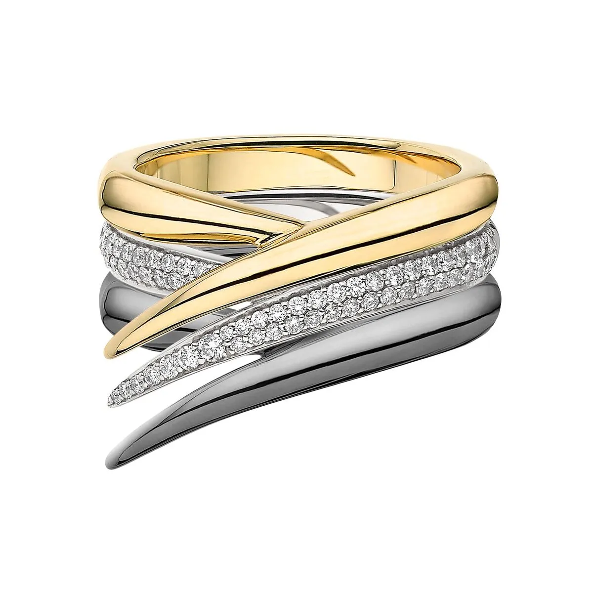 Interlocking Stacked Ring - 18ct Yellow Gold & Black Rhodium & Diamond