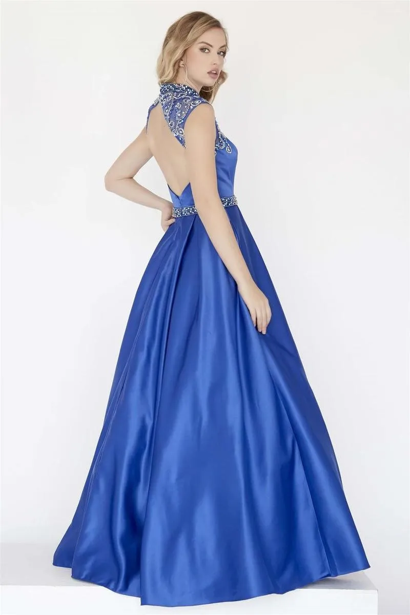 Jolene 18016 Size 16 Royal Long Satin A Line Ballgown Prom Dress Sheer High Neck Pockets