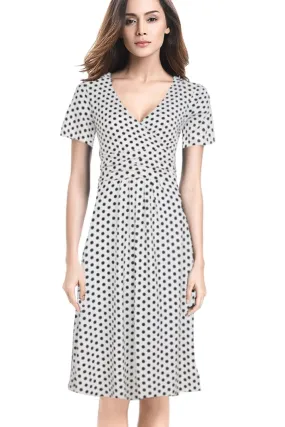 Ketty More Women Slim V-Neck Polka Dot Print Above Knee Dress-KMWD120