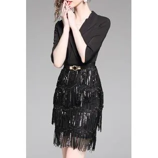 Ketty More Women Tassel Decoration V-Neck Mini Dress-KMWDC13702