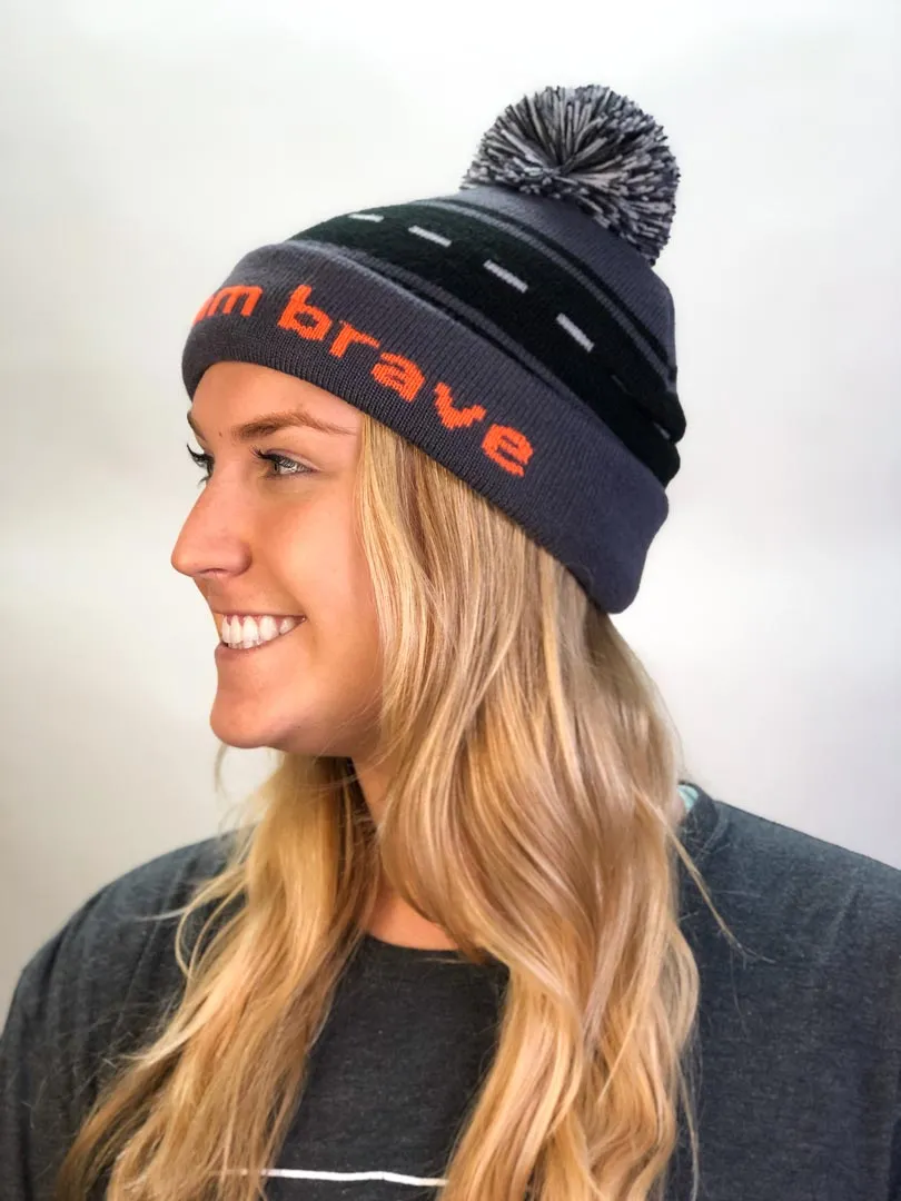 knit beanie with I am brave™ on inside cuff