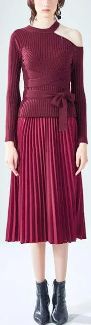 Knit Ribbed Shoulder-Cut-Out Tie-Belted Sweater & Pleated Skirt Set